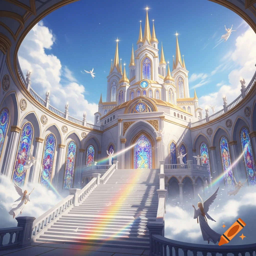 A grand, ornate heavenly palace with golden spires and stained glass windows, surrounded by clouds, angels, and a rainbow.