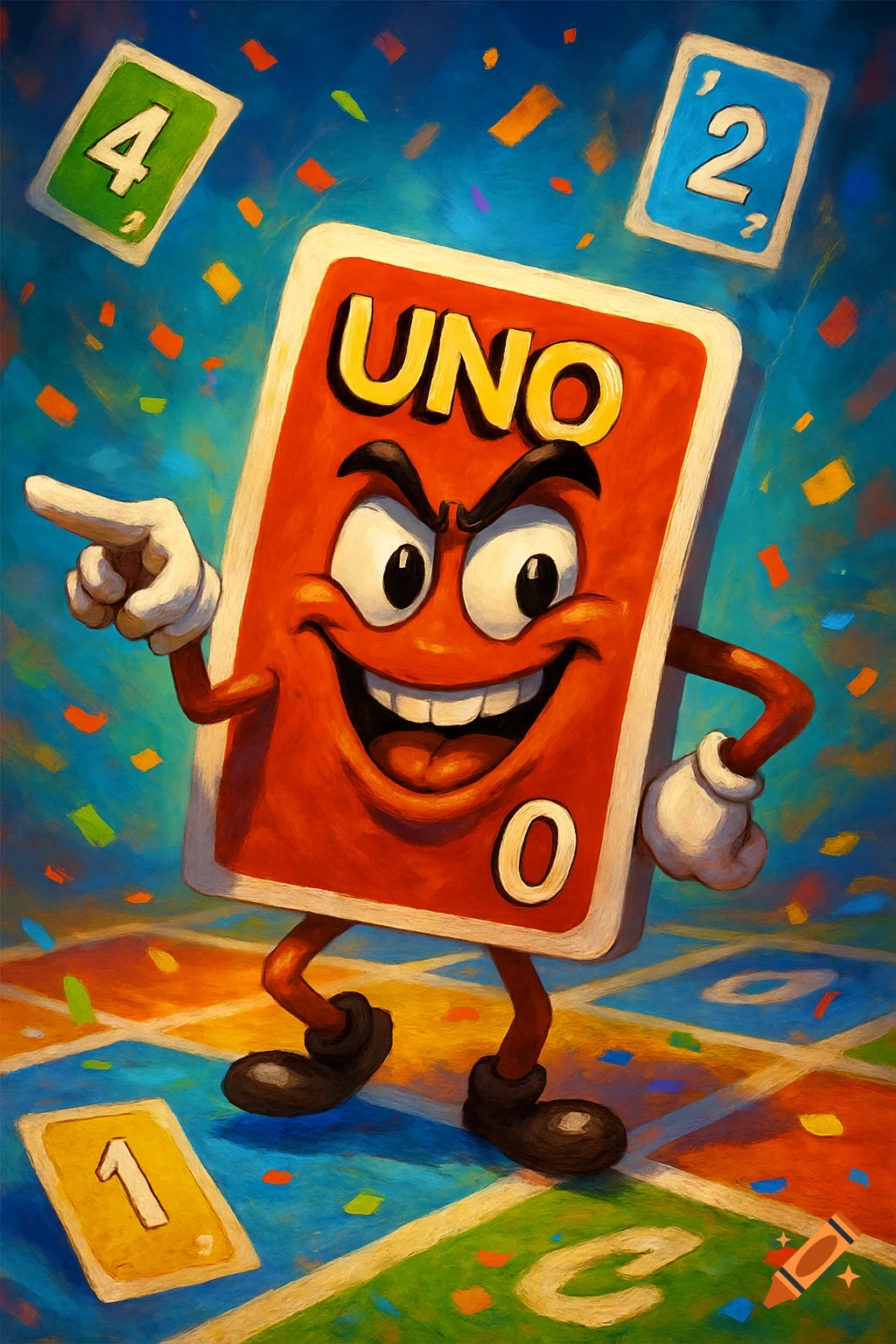 A vibrant cartoon illustration of a red Uno card character pointing and smiling on a colorful game board with confetti and other Uno cards.