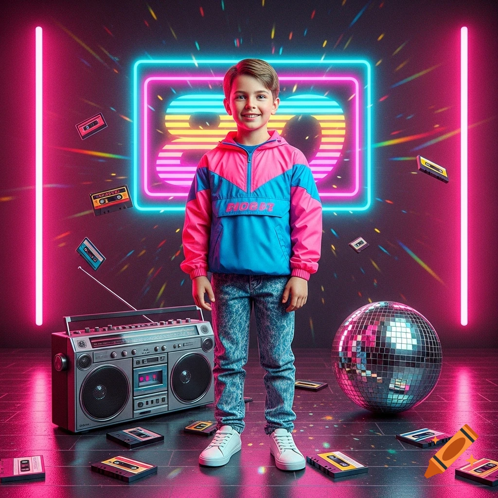 A young boy in 80s-style clothing, including a pink and blue windbreaker and acid wash jeans, stands in a neon-lit room with a boombox, cassette tapes, and a disco ball.
