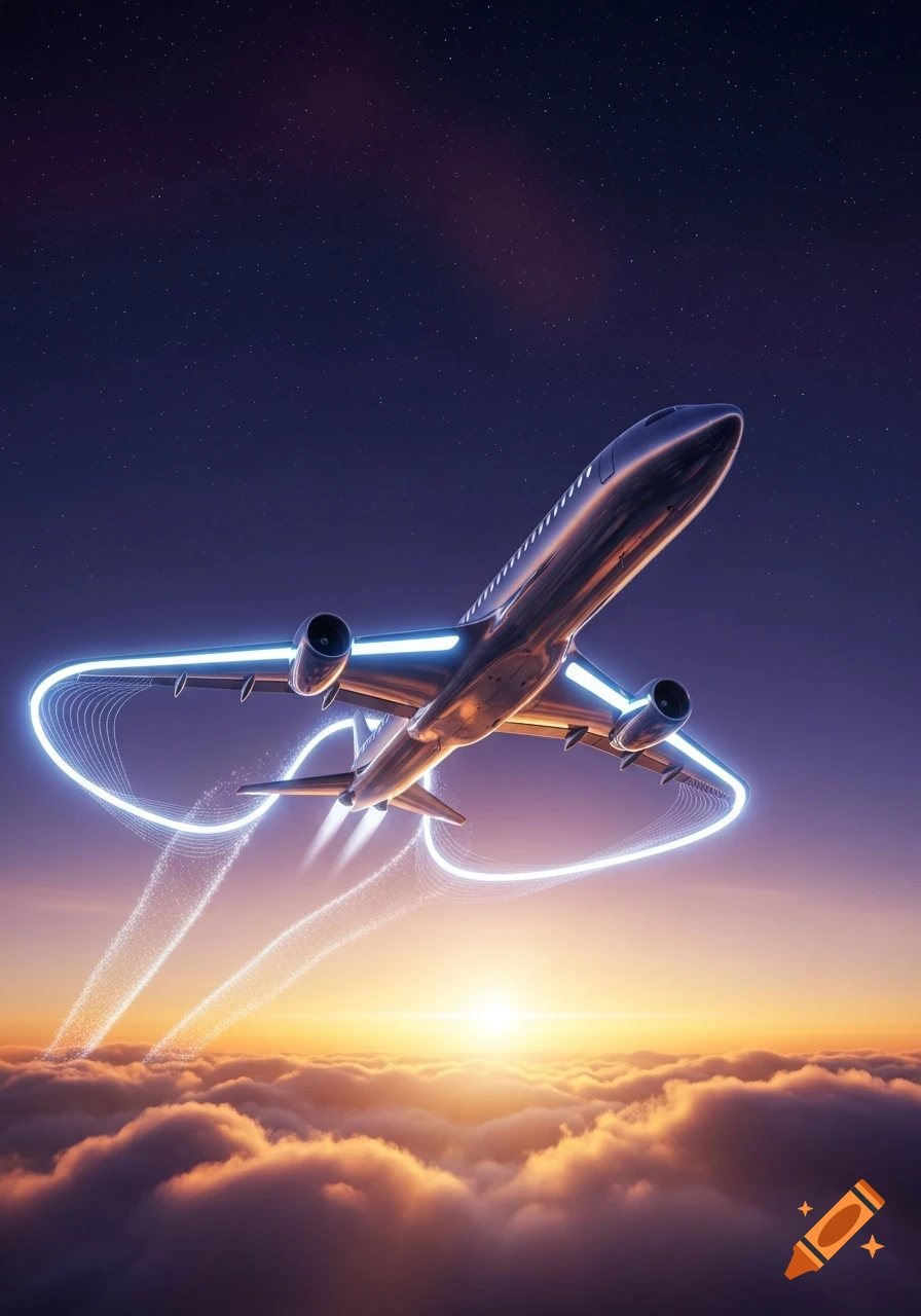 A sleek, metallic airplane ascends above clouds into a star-filled sunset sky, leaving glowing blue light trails.