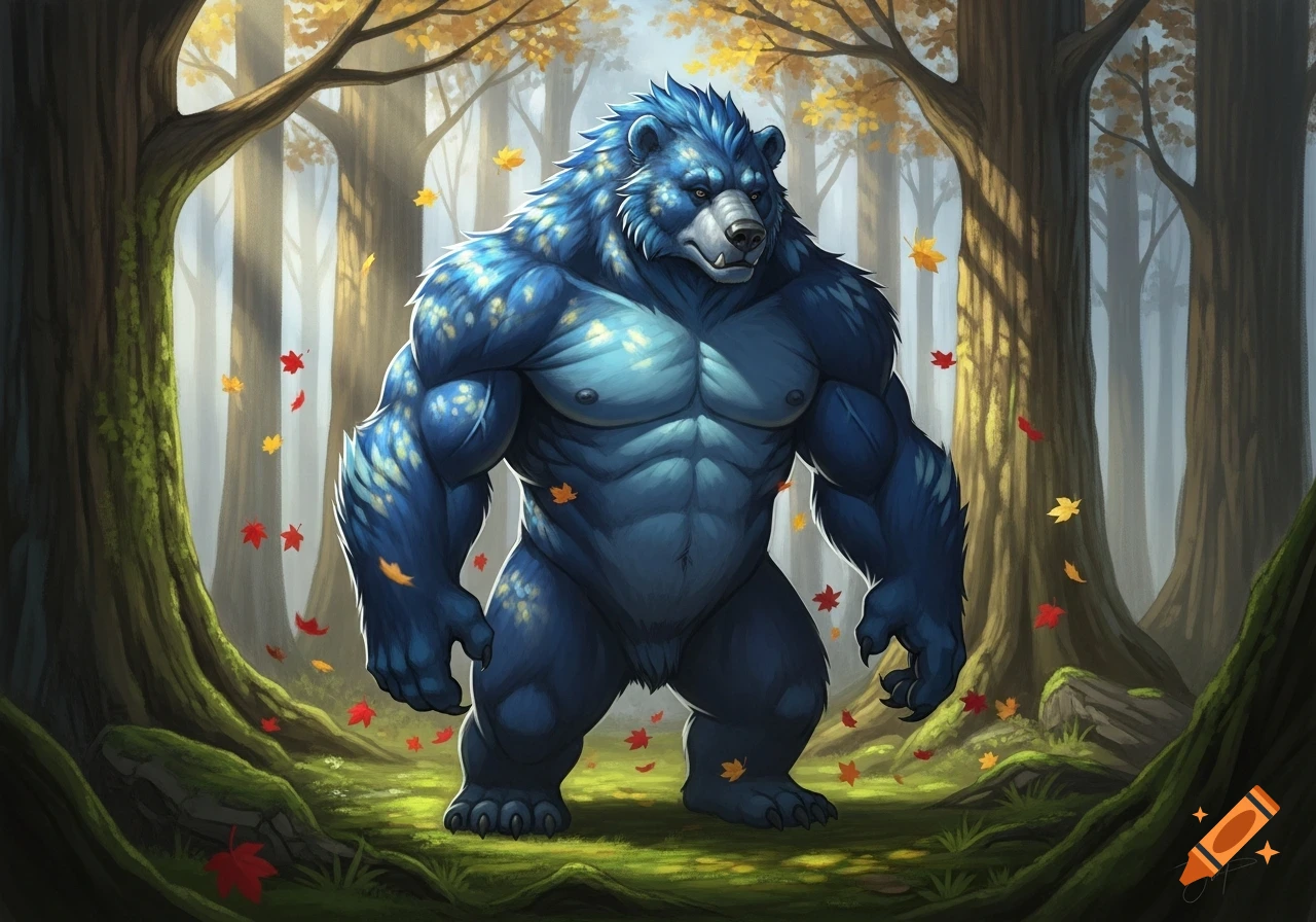 Muscular blue anthropomorphic bear stands in an autumn forest with falling red and yellow leaves, digital art.