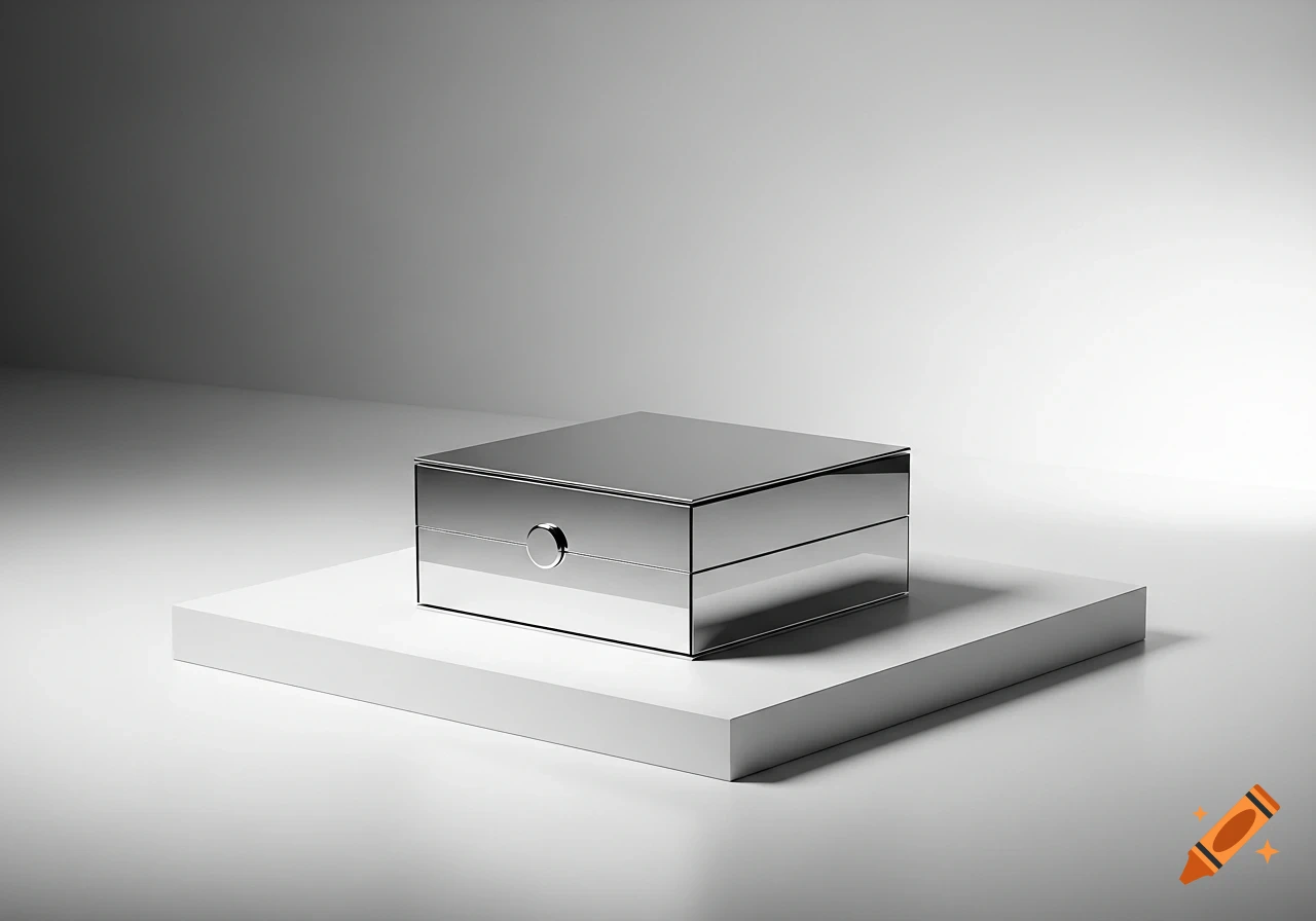 A sleek, silver metallic box with a circular button on a white rectangular pedestal in a minimalist studio.