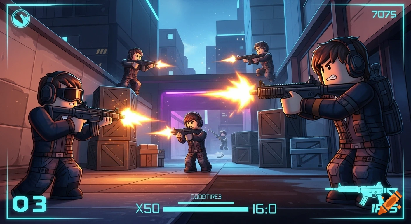 Roblox-style characters in tactical gear engage in a futuristic urban gunfight, featuring muzzle flashes and a game HUD.