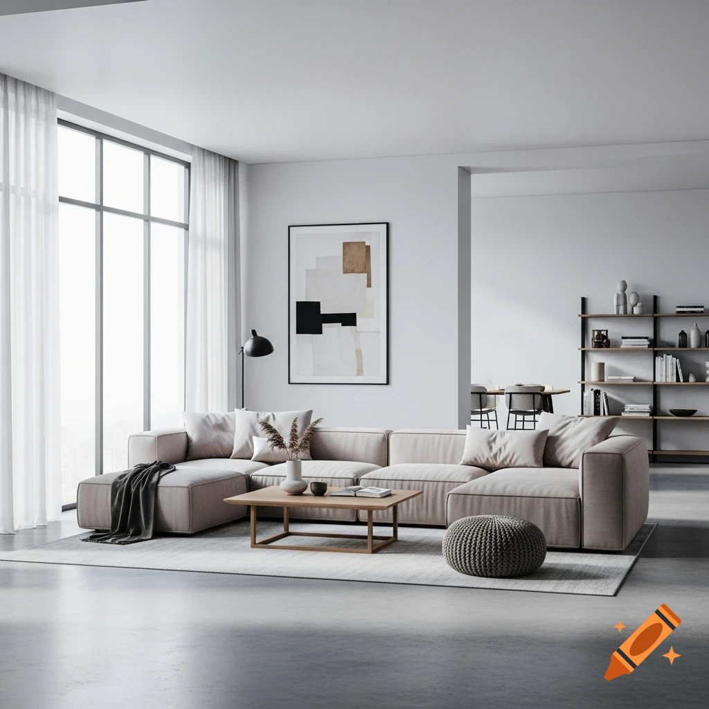 A modern, minimalist living room with a light-colored sectional sofa, wooden coffee table, and large windows.