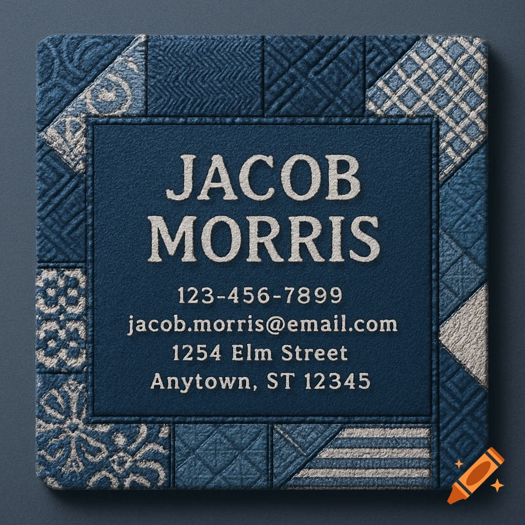 A modern blue business card with embossed text "JACOB MORRIS" and contact details, framed by a border of blue and white patchwork fabric patterns.