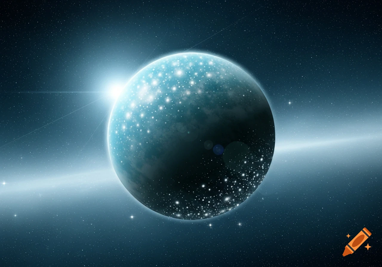 A bright turquoise planet with sparkling white lights, set against a dark blue starry space background with a distant sun.