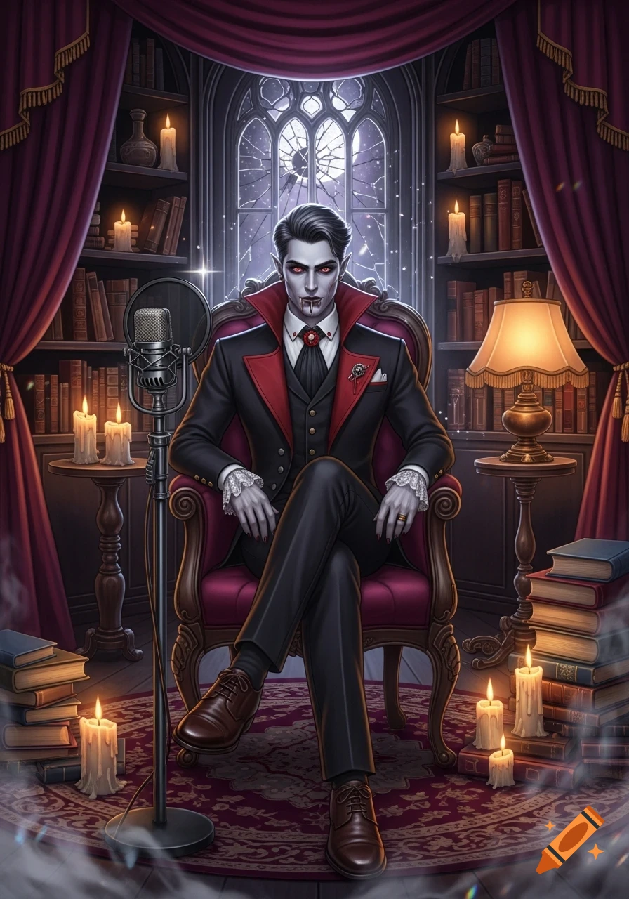 A stylish vampire with red eyes and fangs sits in a plush chair, microphone beside him, in a dimly lit gothic library.