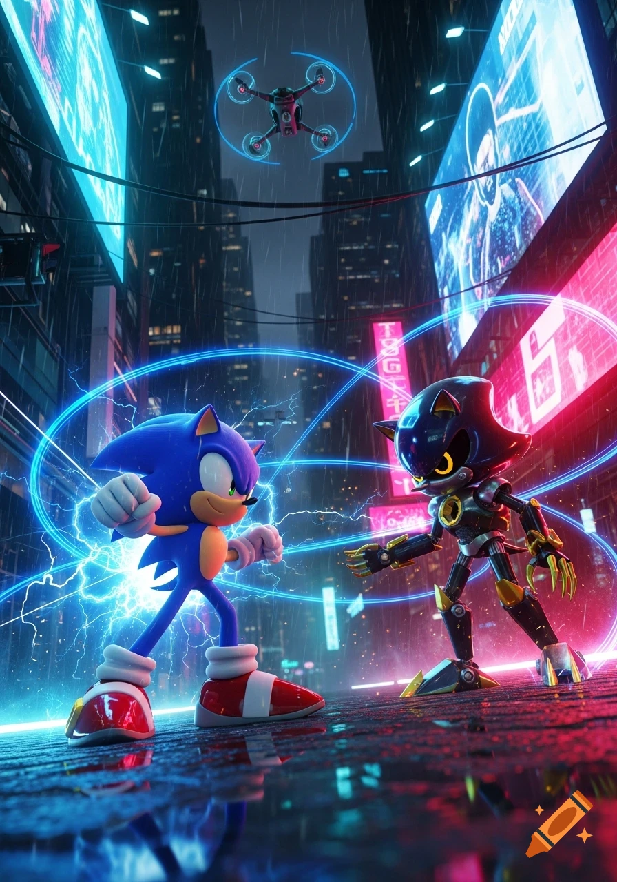 Sonic the Hedgehog and Metal Sonic face off in a neon-lit cyberpunk city street, surrounded by glowing energy as it rains.