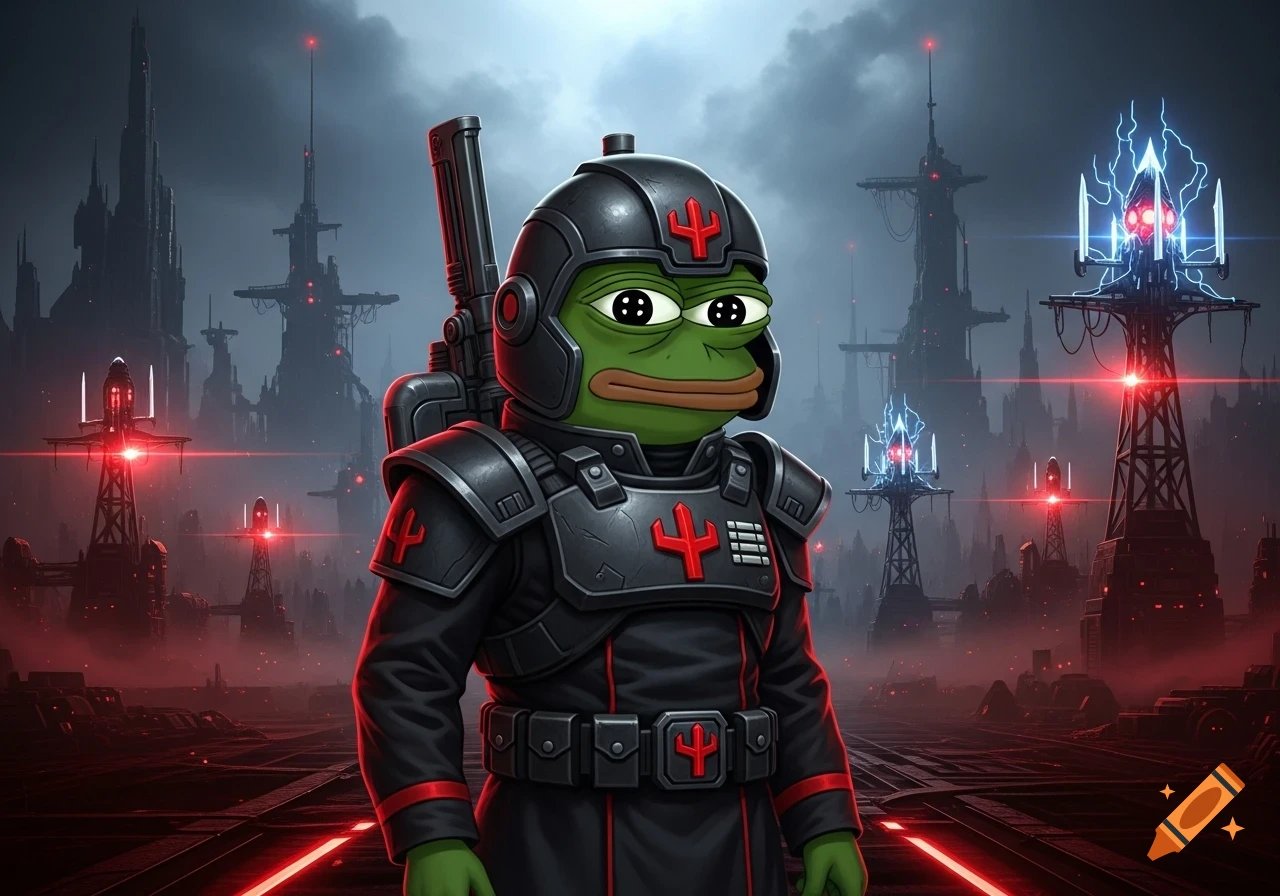 Pepe the Frog in black futuristic armor with red symbols, holding a rifle, against a dystopian city with red-lit towers.