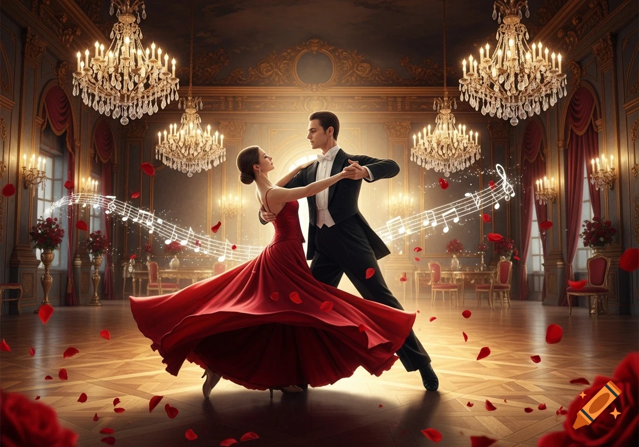 A couple in formal wear ballroom dances gracefully amidst musical notes and falling rose petals in an opulent hall.