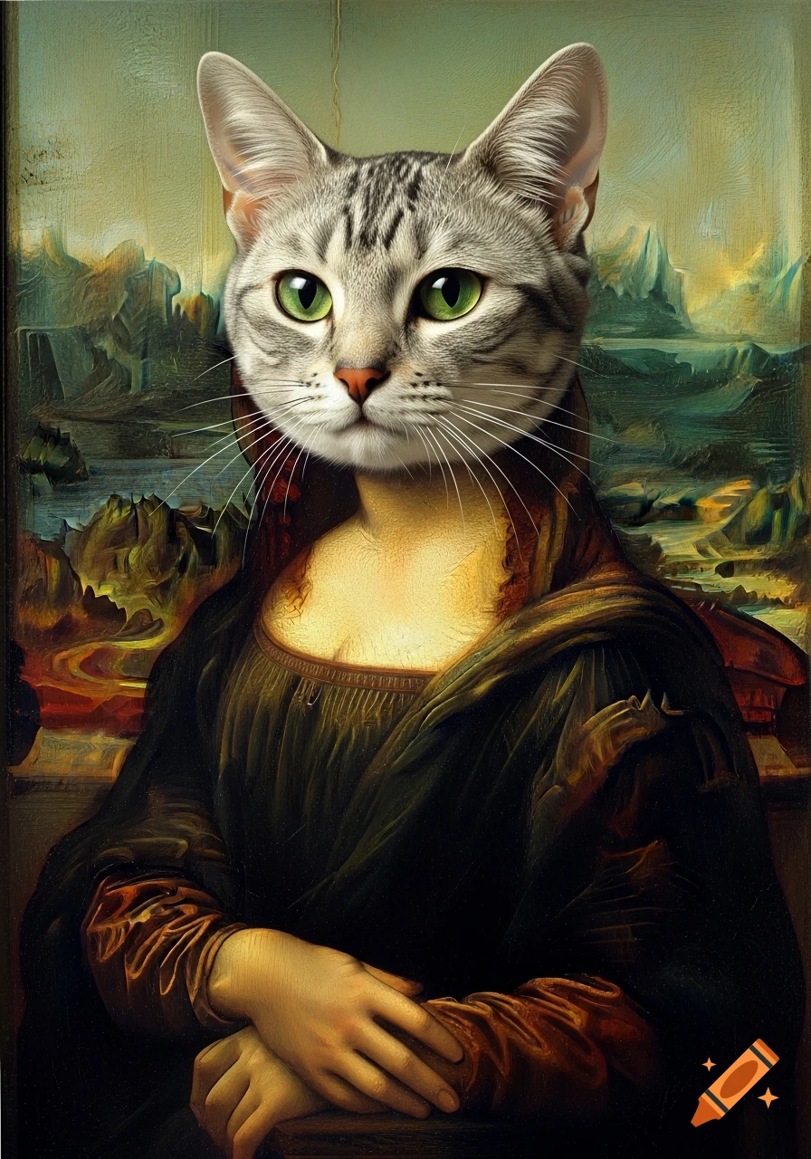 A photorealistic gray tabby cat's head with green eyes is superimposed on the body of the Mona Lisa in a classic painting style.