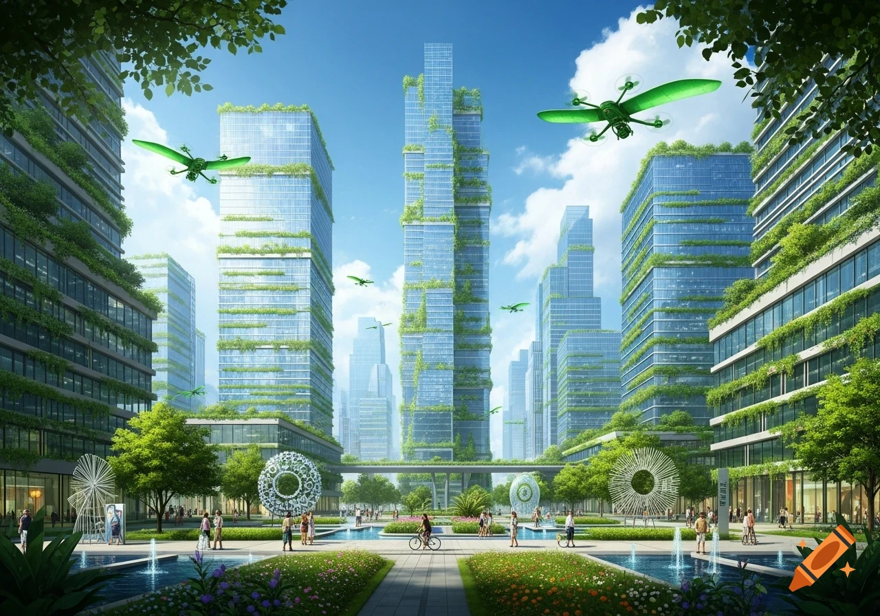 A vibrant, futuristic green city with lush vegetation on skyscrapers, people walking in a park, and green drones flying overhead.
