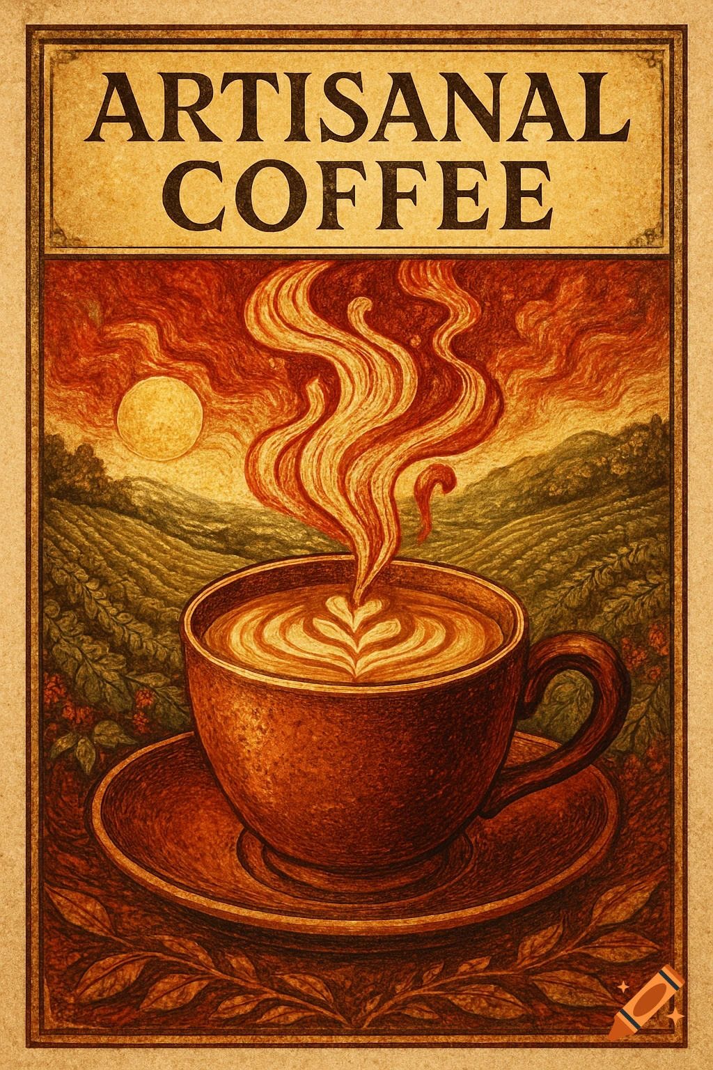 Vintage illustration of a steaming coffee cup with latte art in a coffee plantation landscape under a red sky, text 'ARTISANAL COFFEE'.