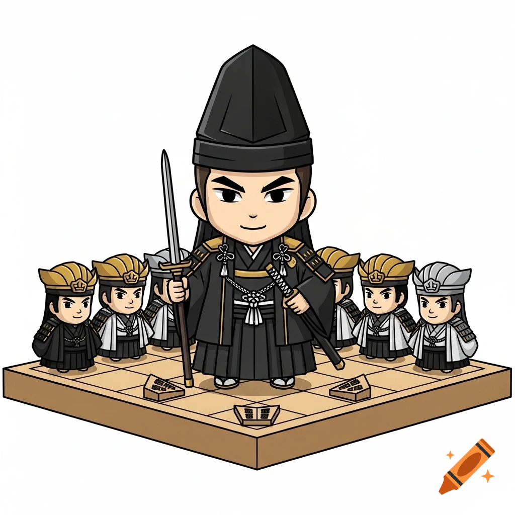 Chibi Japanese king character with a sword, surrounded by generals on a shogi board.