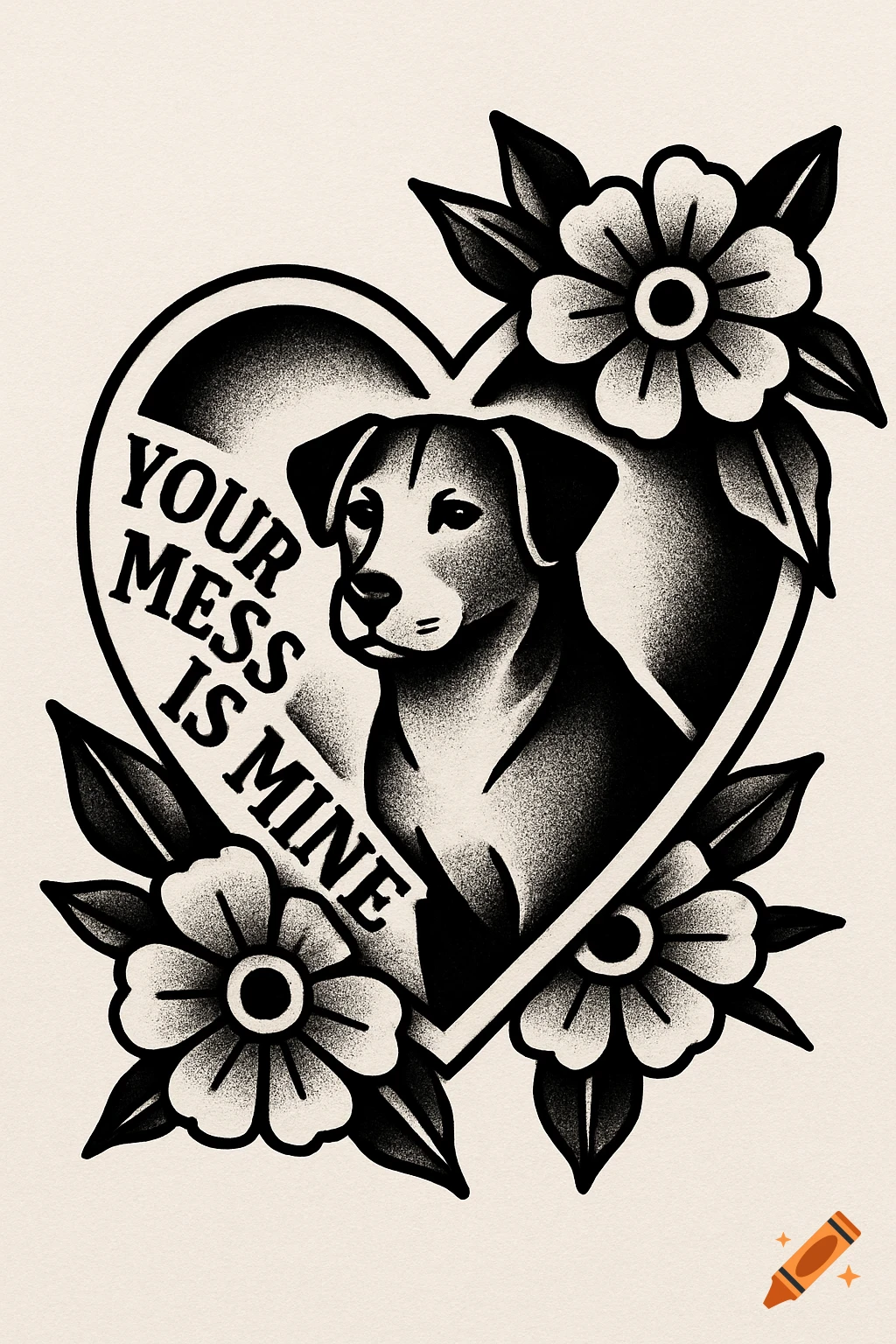Black and white old-school tattoo illustration of a dog within a heart, surrounded by flowers, with the text 'YOUR MESS IS MINE'.