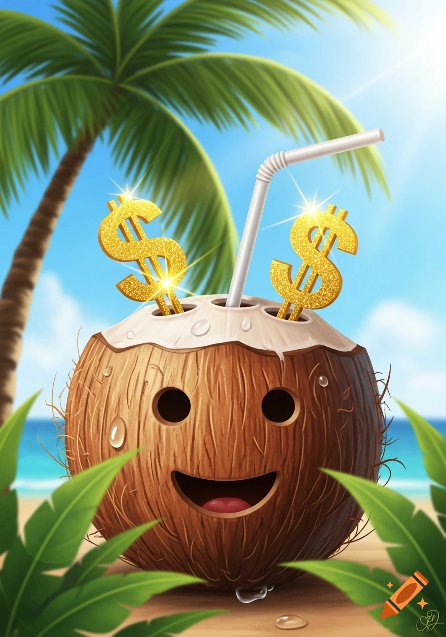 A smiling cartoon coconut on a sandy beach with glittery dollar signs and a straw, under a palm tree.