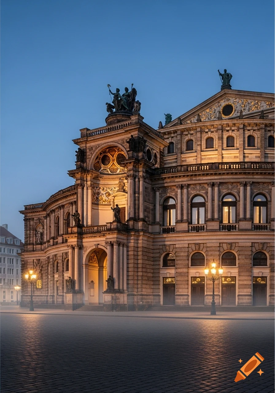Ornate Semperoper opera house at dawn with statues, glowing streetlights, and a misty cobblestone square.