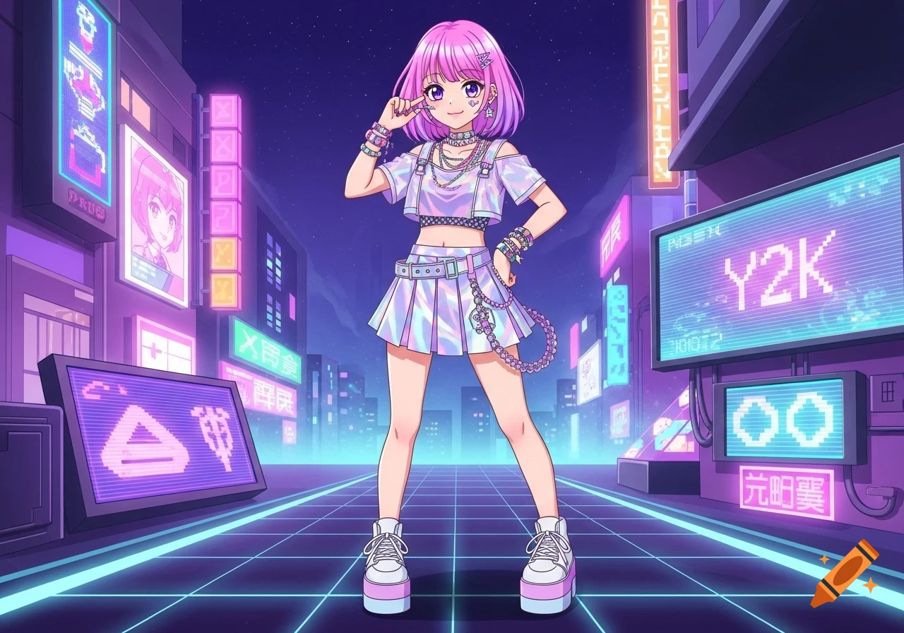 Anime girl with pink hair in a Y2K iridescent outfit and platform shoes stands in a neon-lit cyberpunk city.