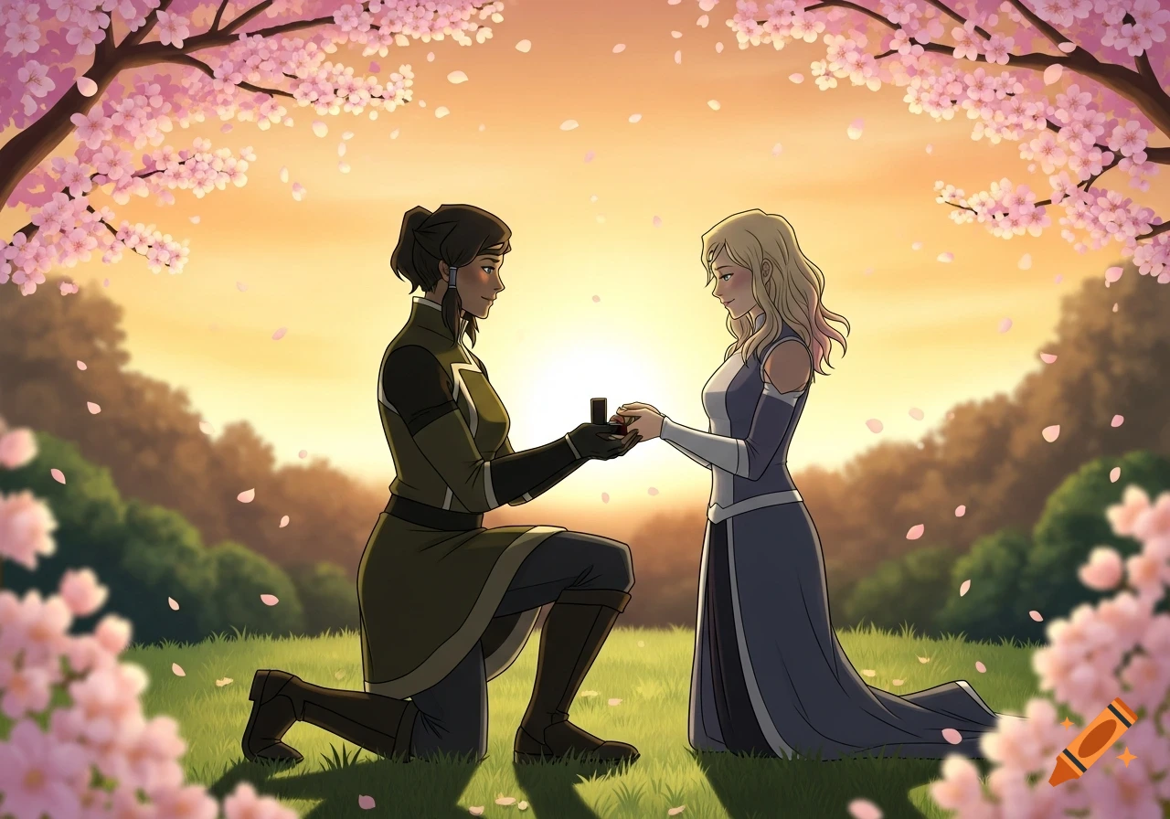 Anime-style depiction of one woman kneeling to propose with a ring to another woman under cherry blossom trees at sunset.