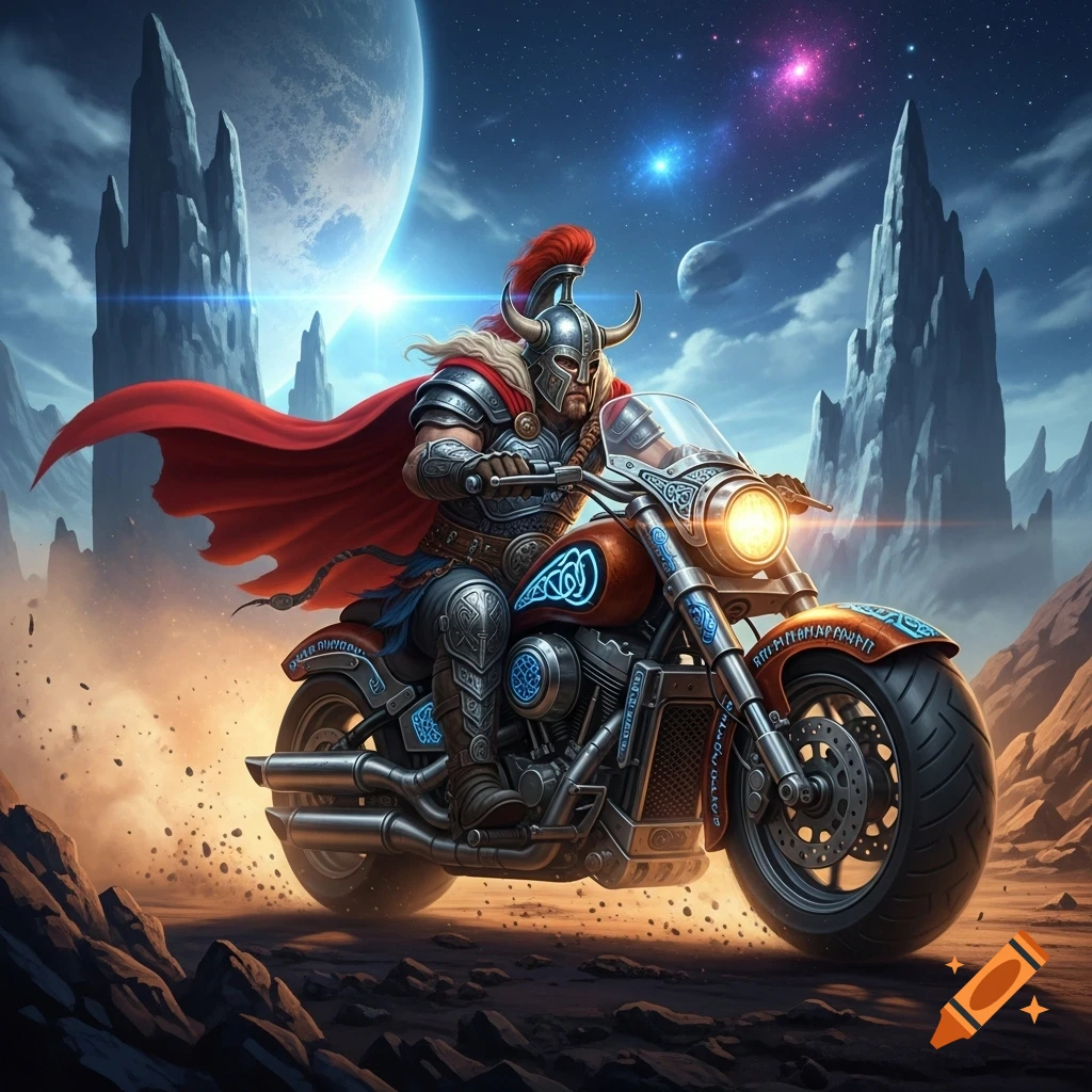 A Viking warrior with a horned helmet and red cape rides a stylized motorcycle across a dusty alien landscape under a sky with planets and stars.