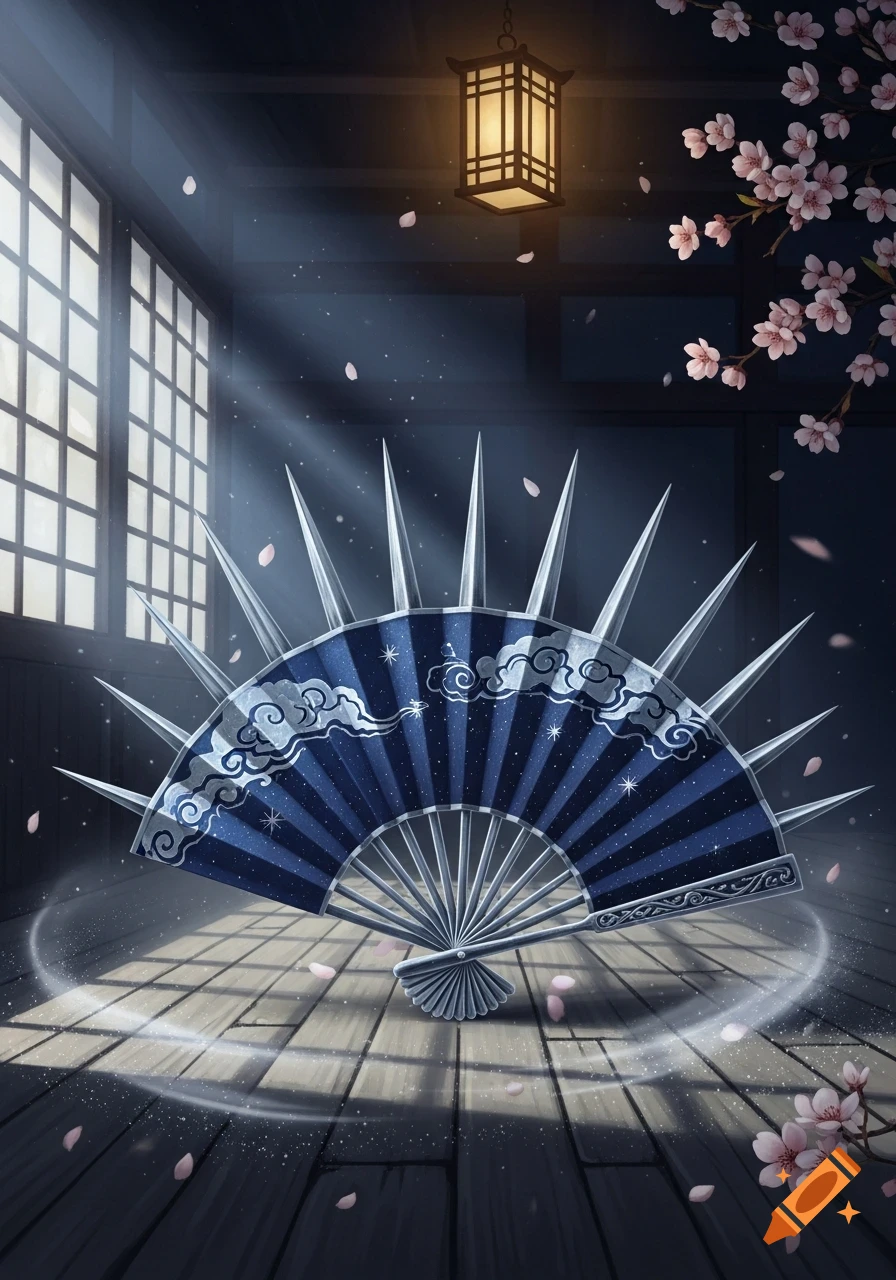 A detailed illustration of a dark blue, spiked fantasy tessen fan in a Japanese-style room with cherry blossoms and dappled sunlight.