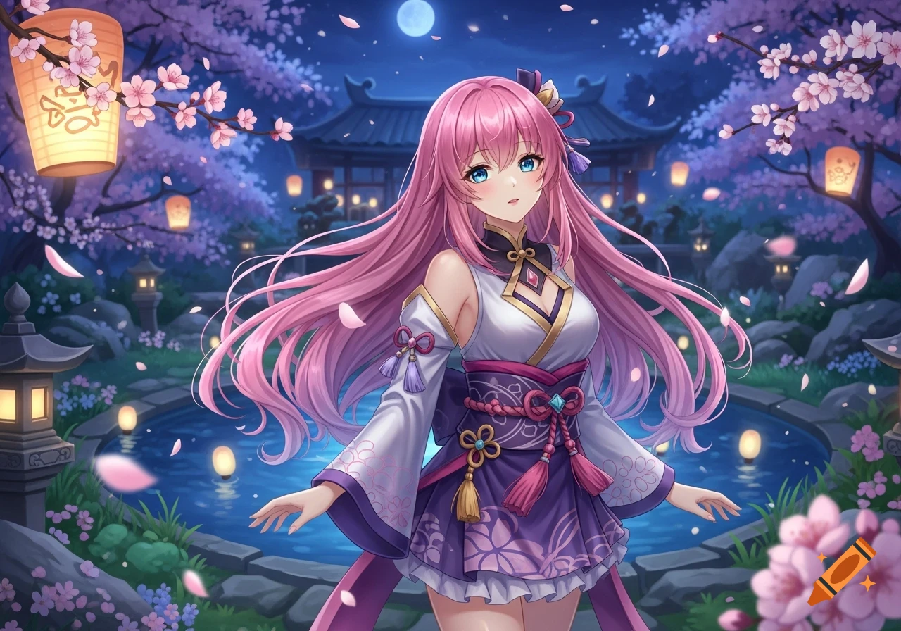 Anime girl with long pink hair and blue eyes in a traditional purple and white outfit stands in a moonlit Japanese garden with cherry blossoms, lanterns, and a pond.