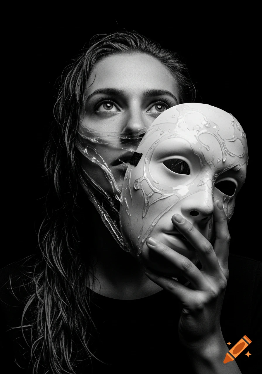 Photorealistic black and white portrait of a woman looking up, holding a mask partially obscuring her face with translucent material around her mouth.