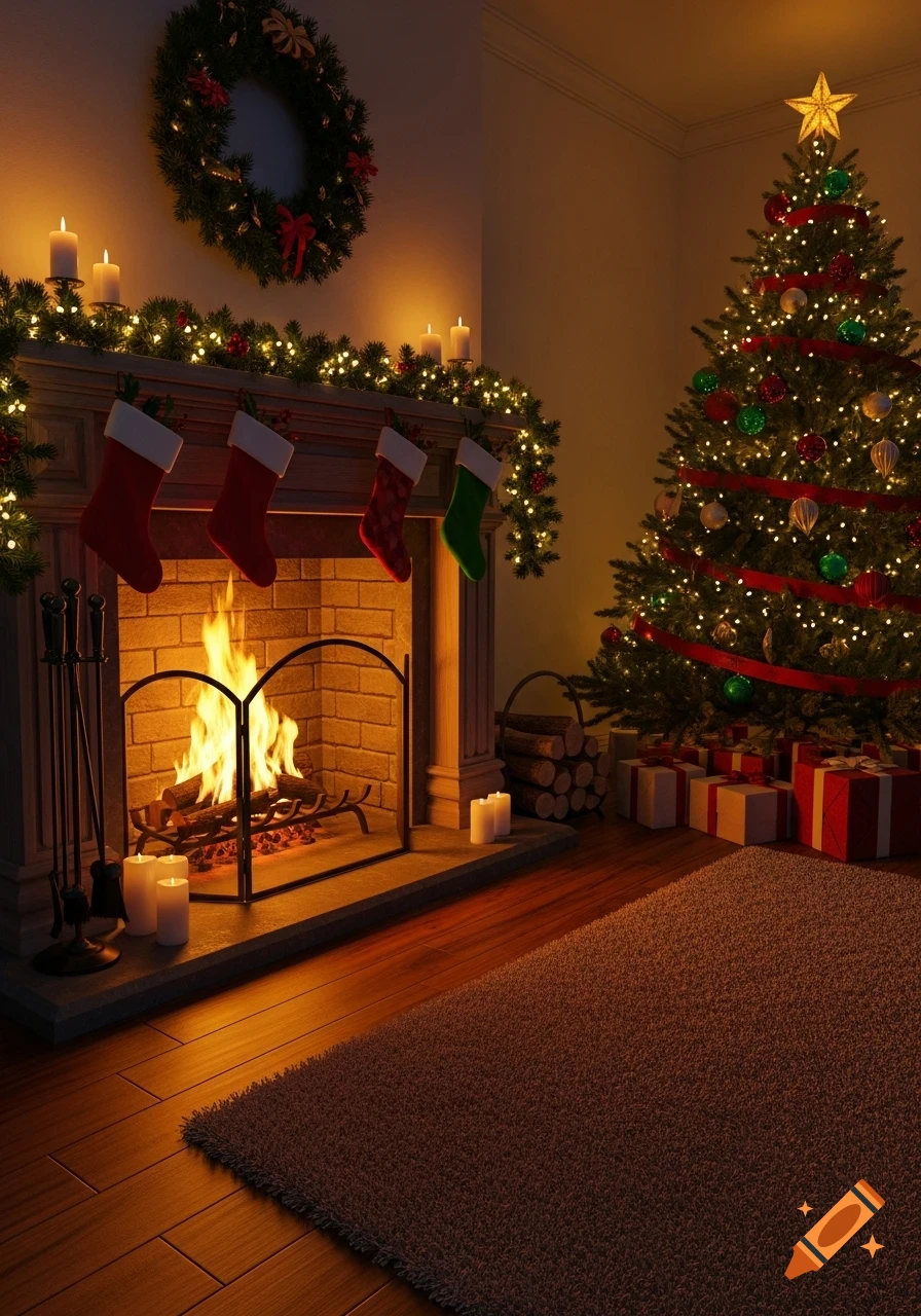 A cozy, photorealistic living room scene at night with a lit brick fireplace, Christmas stockings on the mantel, and a decorated Christmas tree with presents.