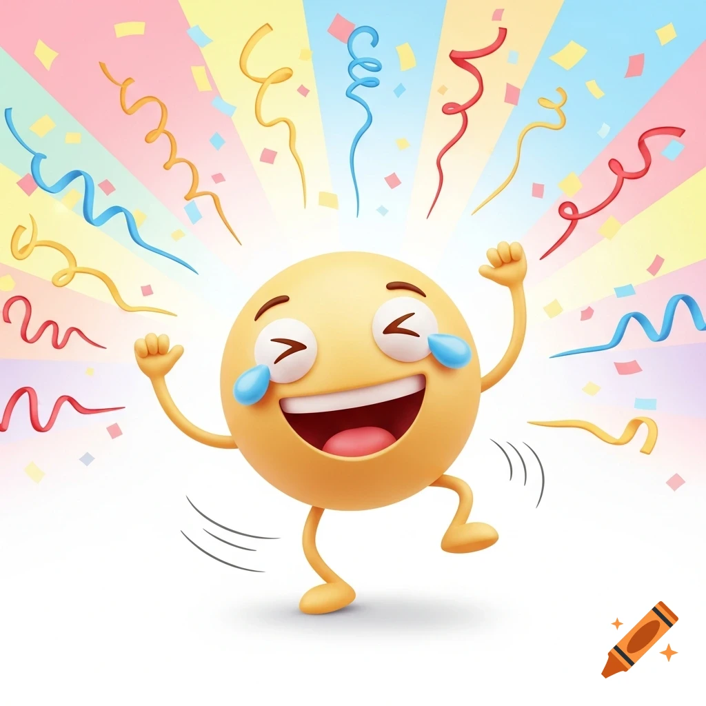 A gleeful 3D emoji with tears of joy, dancing excitedly with arms raised, surrounded by colorful confetti and streamers.
