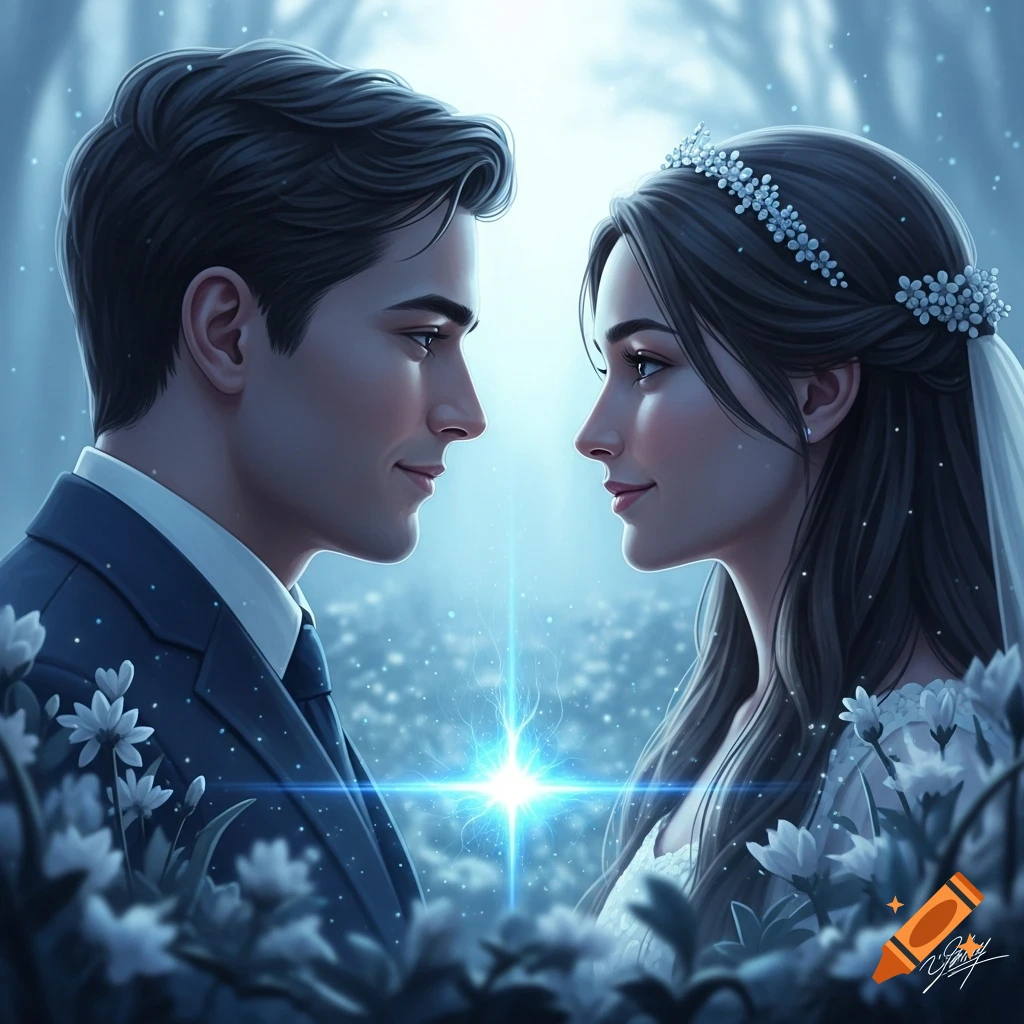 Digital art of a man in a suit and a woman in a wedding dress gazing at each other in a blue-lit field of flowers with a glowing light.