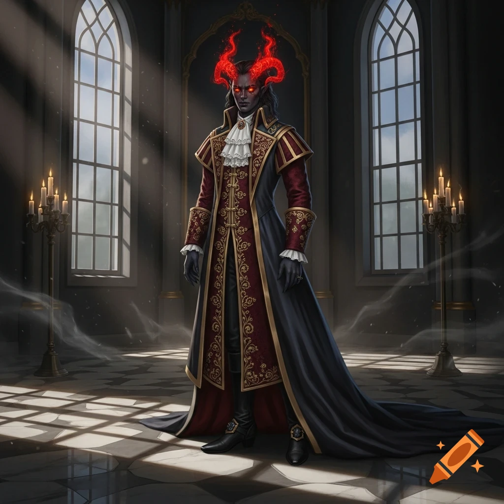 A dark-skinned demon with fiery horns and glowing red eyes wears an elaborate red and gold noble's coat in a grand gothic hall.