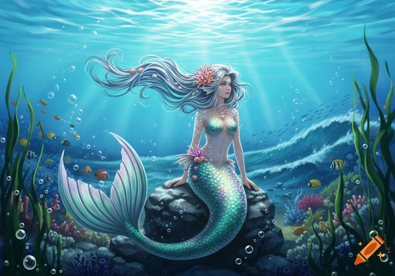 A vibrant digital art illustration of a mermaid with long white hair, sitting on a rock amidst colorful coral and fish in a sunlit underwater scene.