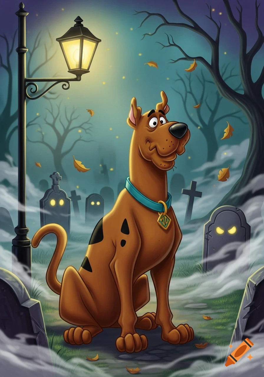 Scooby Doo, a brown cartoon dog, sits smiling in a foggy graveyard at night, lit by a street lamp amidst glowing gravestones.