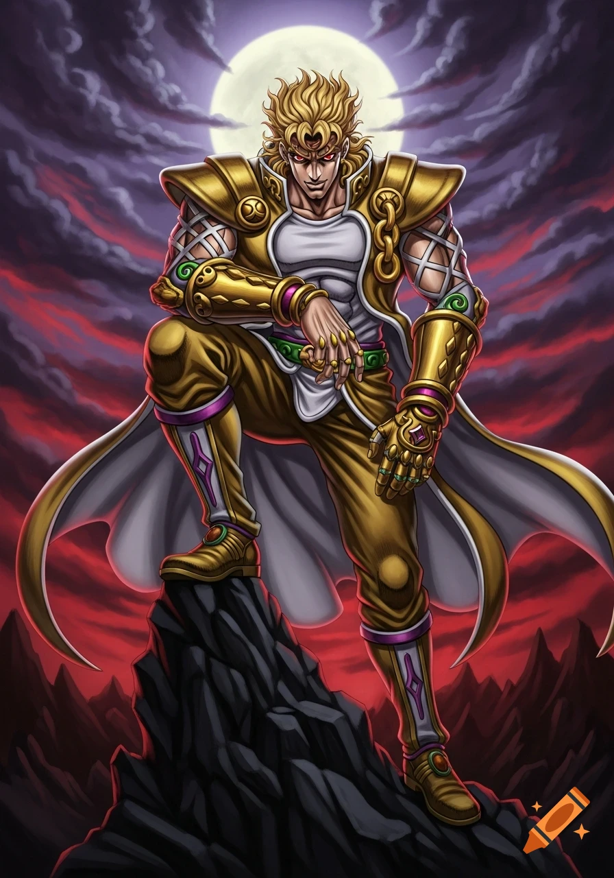 Anime character Dio Brando in golden armor stands on a rock under a full moon, with a dramatic red and purple sky.