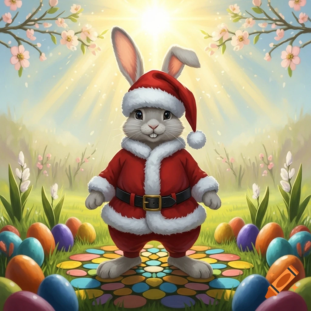 A cartoon Easter bunny in a Santa costume stands on a colorful mat amidst multicolored Easter eggs under a sunny sky with flowering trees.