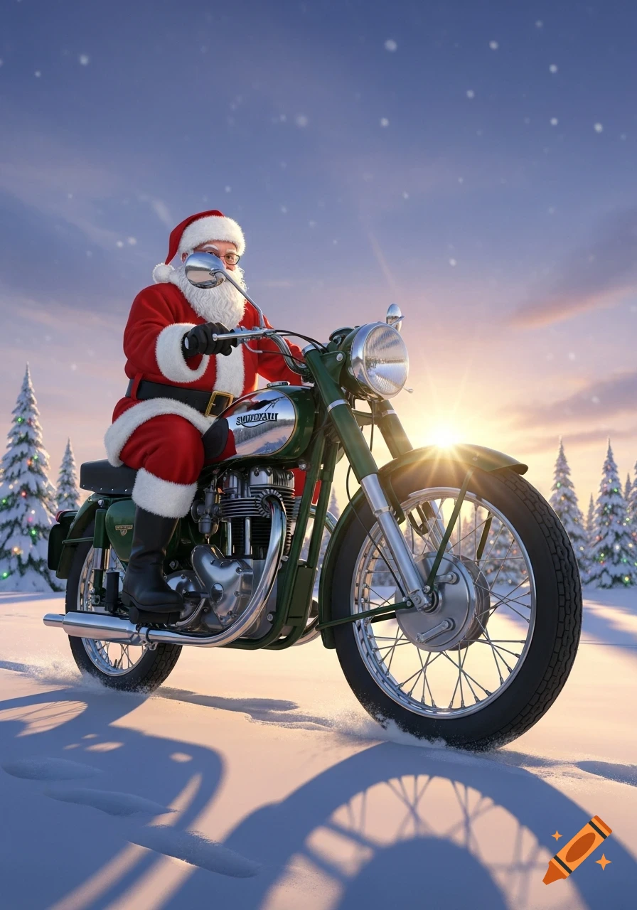 Santa Claus rides a vintage green motorcycle through a snowy forest at sunset, with decorated pine trees.