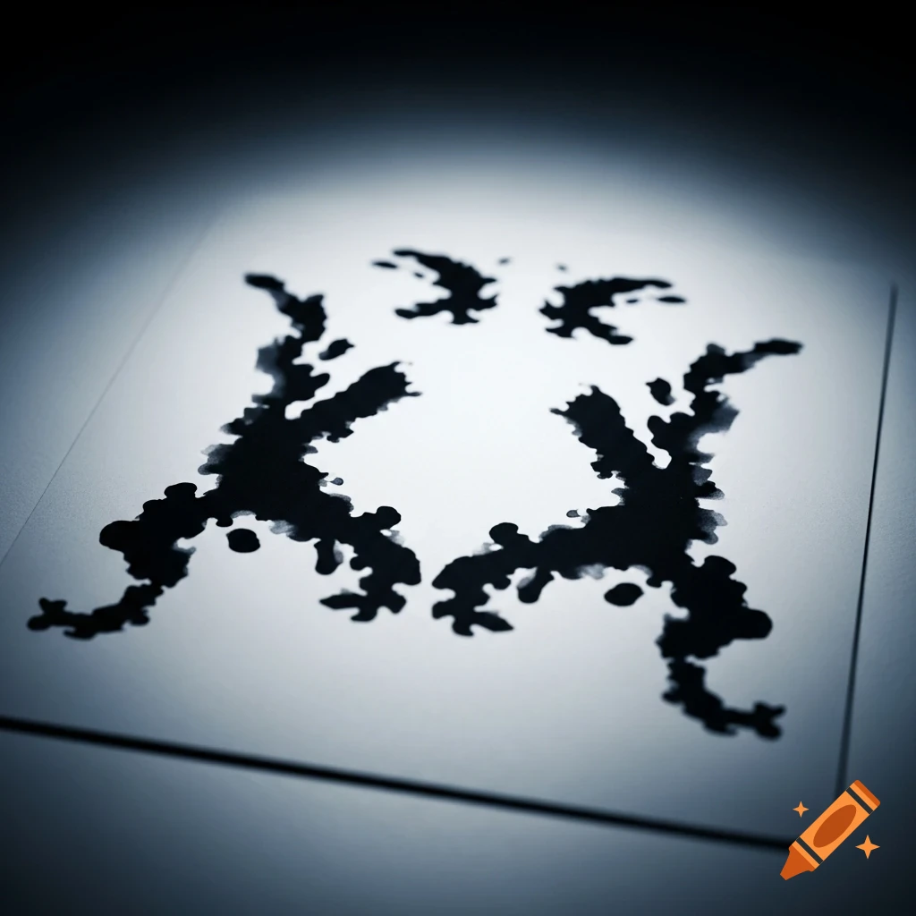 A black Rorschach inkblot on a white card, seen under a spotlight, creating a psychological test image.