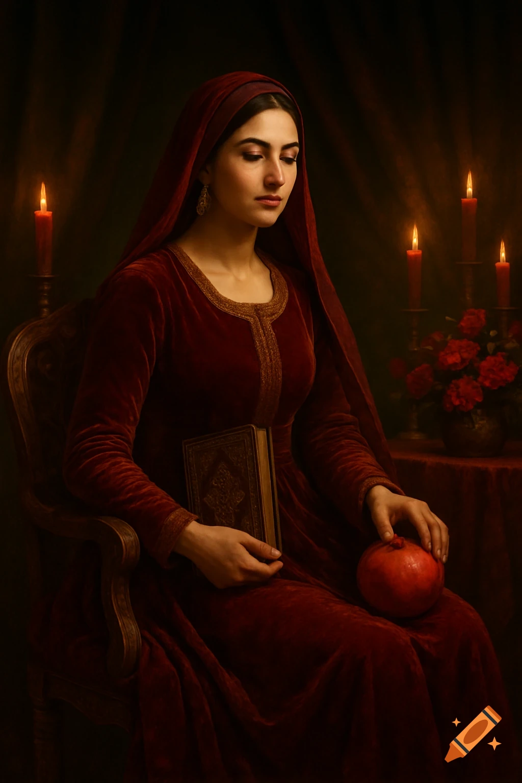 A woman in a red velvet dress and headscarf sits in a dimly lit room, holding a book and a pomegranate.