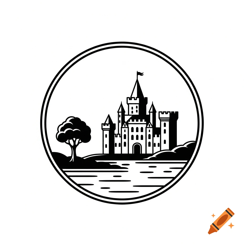 A black and white illustration inside a circle, featuring a castle near a body of water with a tree on the left.