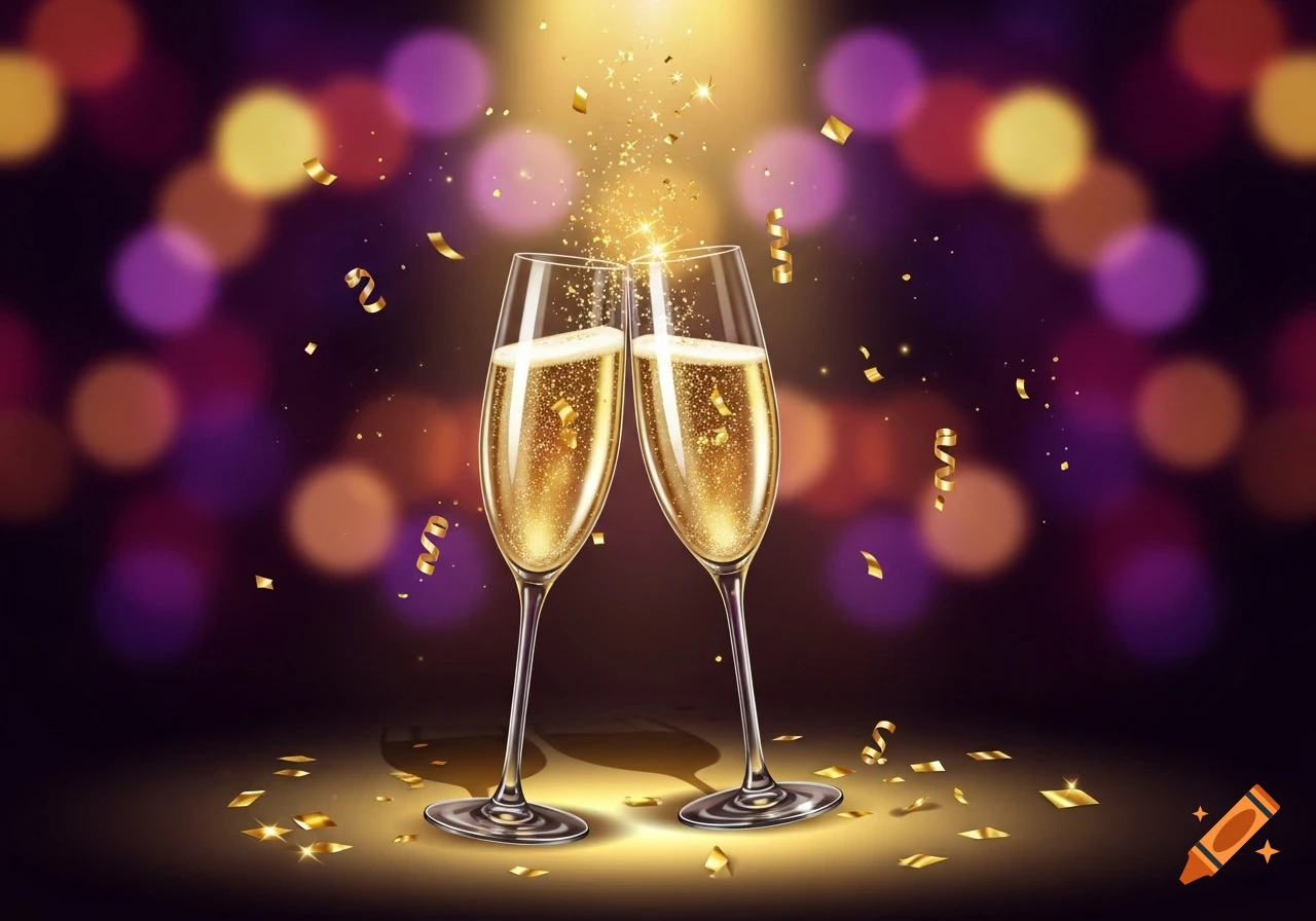 Two elegant champagne flutes clinking, with golden confetti and sparkling champagne against a blurred purple and gold bokeh background.