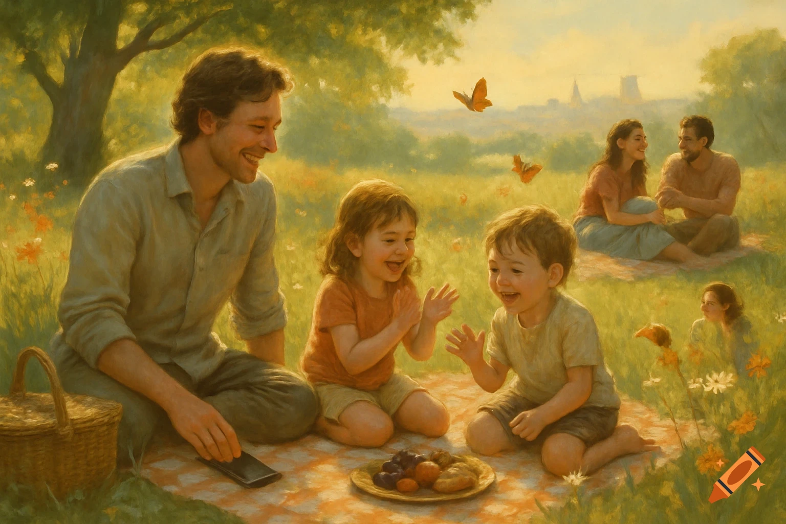 A family picnic painting with a father and two children laughing and clapping in a sunny meadow, another couple in the background.