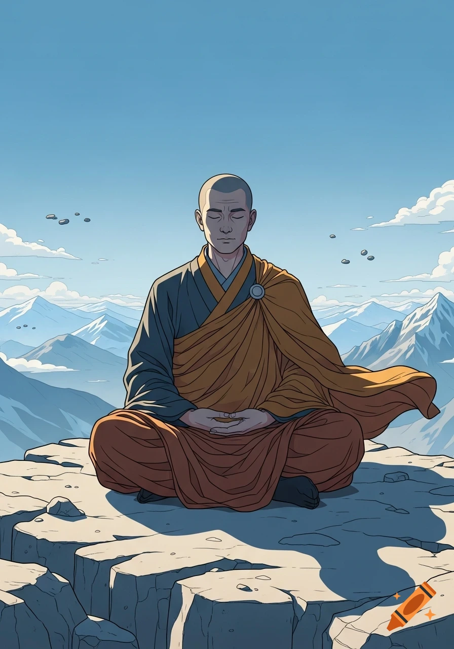Stylized illustration of a bald monk meditating in a lotus position on a rocky mountain peak, overlooking snowy ranges and a clear blue sky.