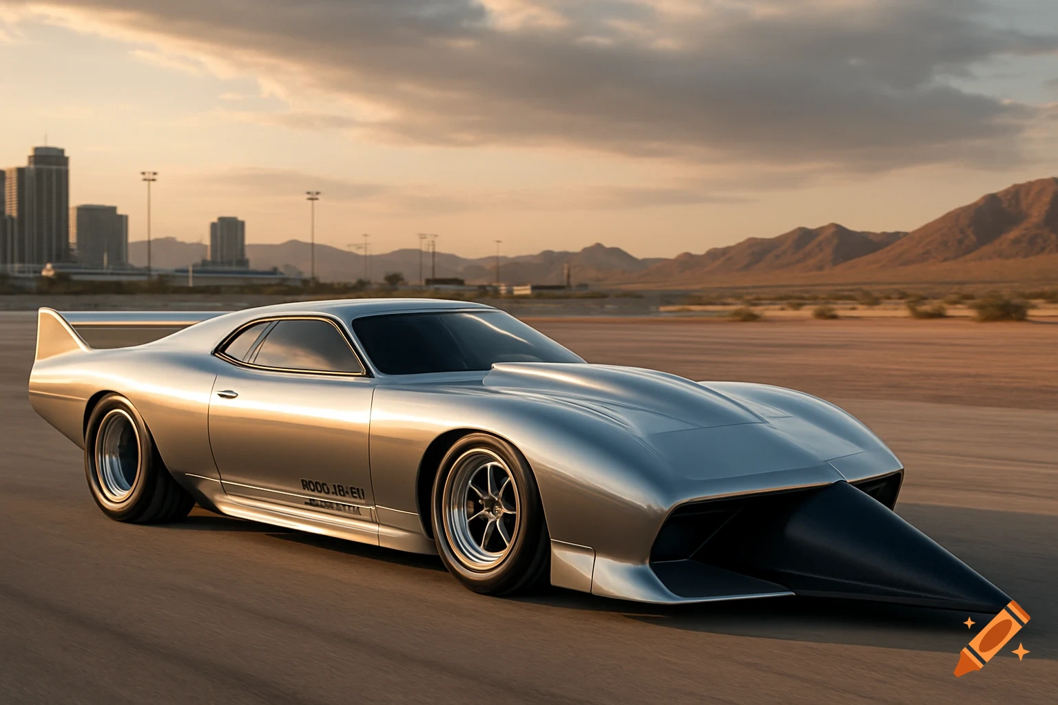 A sleek, silver concept car with a long, pointed nose cone speeds across a desert plain towards distant mountains and a city at sunset.