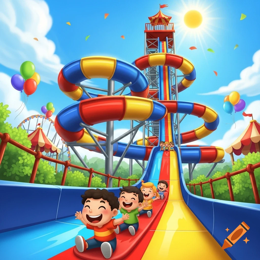 Cartoon children happily sliding down a colorful water slide at a vibrant amusement park under a sunny sky.