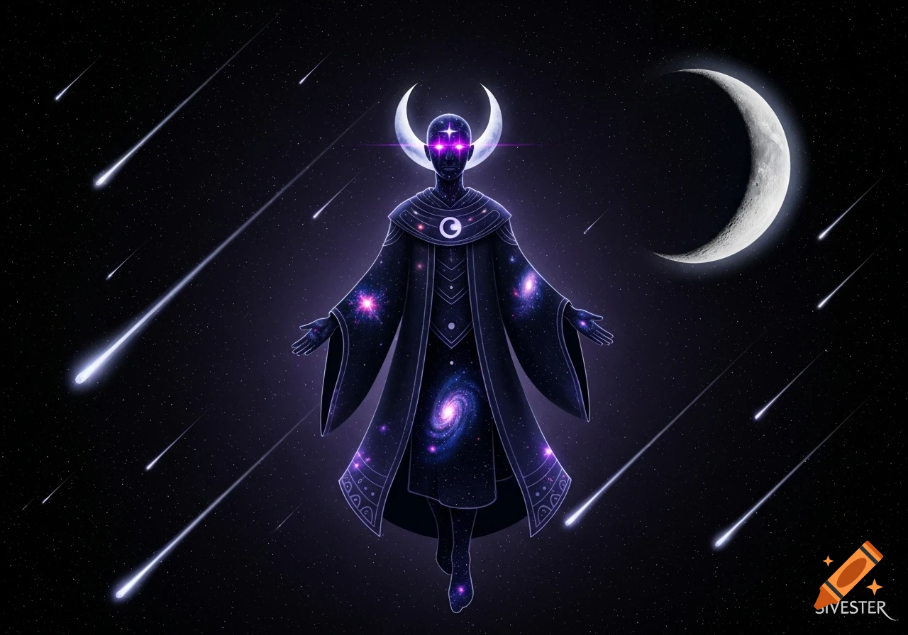 A mystical cosmic figure in a galaxy-patterned robe floats under a crescent moon with meteor showers in a starry night sky.