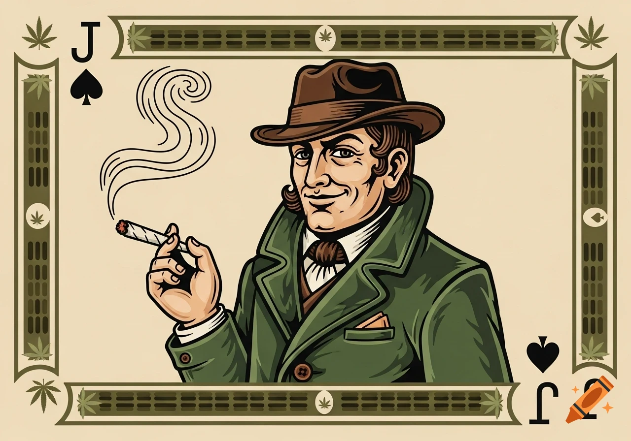 Vintage playing card illustration of a sly man in a hat and coat, holding a smoking joint, with cannabis leaf motifs.