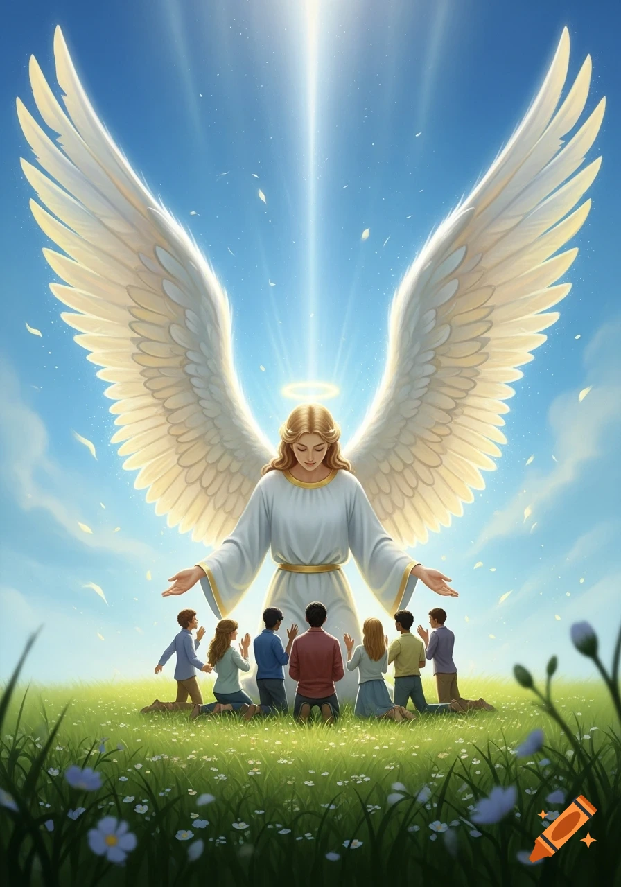 A large angel with white wings and a halo stands over several people ...