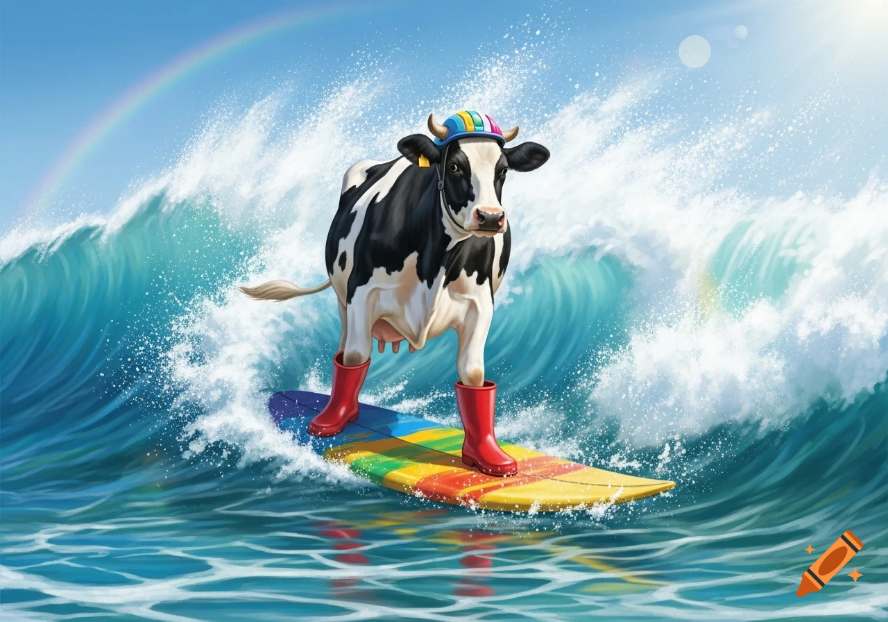 A black and white cow in a colorful hat and red boots surfs on a rainbow-colored surfboard amidst large ocean waves, with a rainbow in the sky.