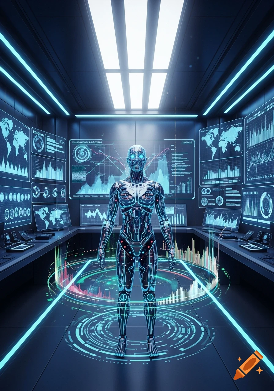 A futuristic humanoid robot stands in a dark control room surrounded by glowing blue screens displaying data, graphs, and world maps.