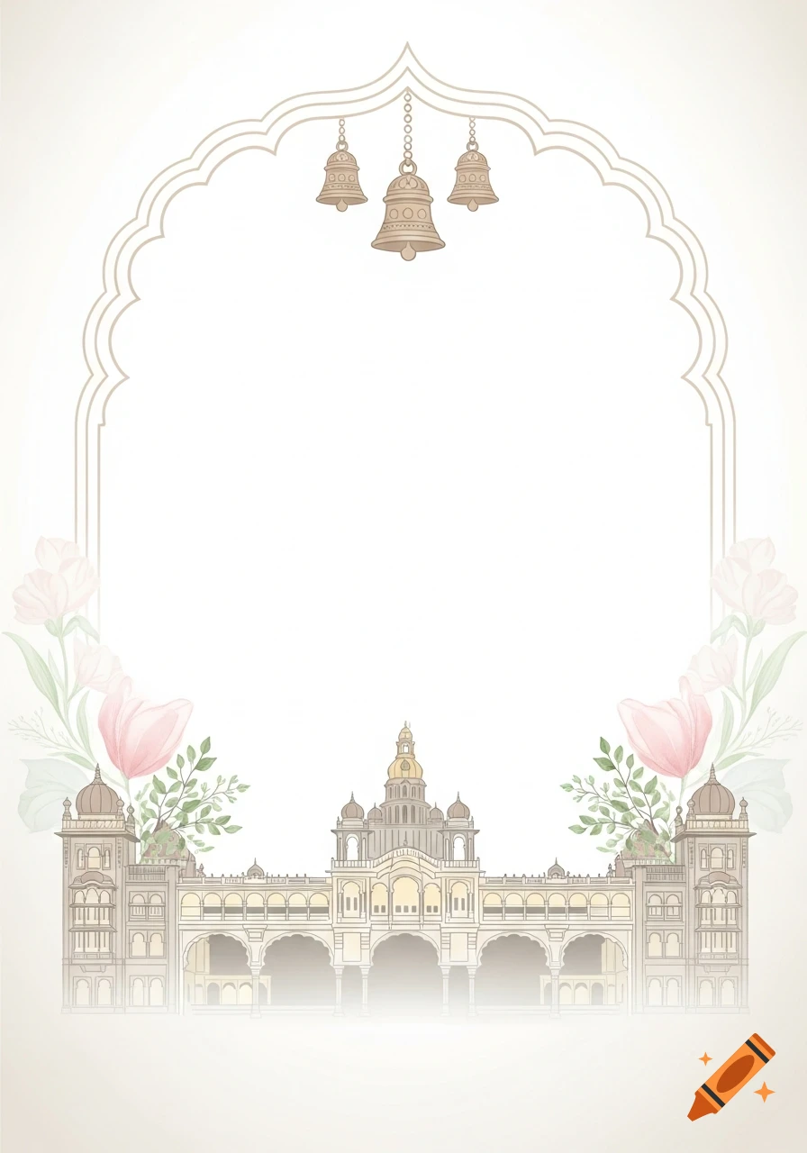 Elegant illustrated Indian wedding invitation background with Mysore Palace, soft pastel flowers, hanging bells, and an ornamental arch.
